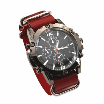 Новые кварцевые Электронные Наручные часы с указателем, Красно-коричневый Кожаный ремешок, Мужские Часы, браслет, Подарочные украшения