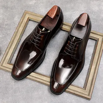 Новые официальные мужские кожаные туфли Мужские деловые свадебные туфли с квадратным носком в британском стиле на шнуровке