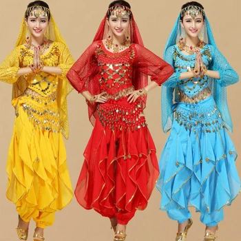 Новый 4 шт./компл. Костюм для танца живота для женщин, комплекты костюмов для танца живота, племенной Болливудский костюм, Индийское платье, платье для танца живота