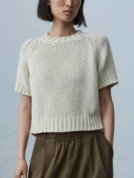 Новый женский пуловер грубой вязки с короткими рукавами, двухцветная темпераментная футболка с круглым вырезом, короткие топы 2023, весна-лето