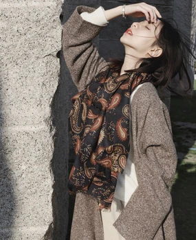 Новый осенне-зимний длинный шарф с шерстяным принтом, женский классический цветок дикого кешью, черная шерстяная шаль, шарф двойного назначения