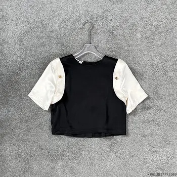 Новый съемный атласный топ с коротким рукавом, винтажная элегантная черно-белая контрастная футболка, женская