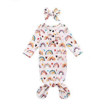 Ночная одежда для новорожденных девочек и мальчиков FOCUSNORM, повязка на голову, 2 шт. Пижамы с длинными рукавами и оборками с радужным принтом