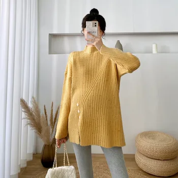 Одежда для беременных 2023 года, свободный вязаный топ с разрезом по бокам, осенне-зимний свитер для беременных в иностранном стиле, универсальный Свободный свитер с длинными рукавами