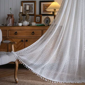 Однотонные бело-бежевые трикотажные занавески с кисточками в американском стиле для спальни, полупрозрачные шторы в гостиной