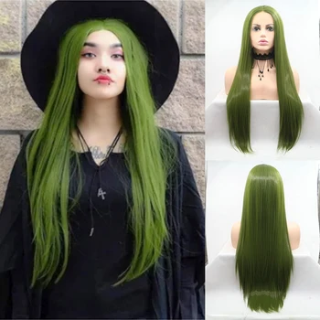 Оливково-зеленые парики Sylvia, синтетический парик на кружеве, Длинные прямые волосы, Термостойкое волокно, Натуральная линия роста волос, Косплей-парики для женщин