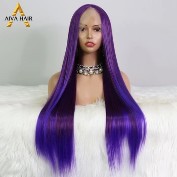 Омбре Фиолетового цвета, синтетические парики на кружеве 13x4, длинные прямые волосы, высокотемпературные парики для косплея 180 плотности для чернокожих женщин