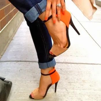 Оранжевые разноцветные босоножки с ремешком на щиколотке, летние модельные туфли на высоком каблуке, большие размеры 11, женские модельные туфли в стиле пэчворк