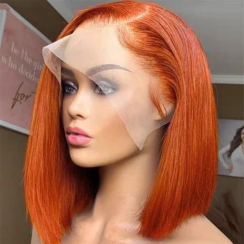 Оранжевый Рыжий прямой парик Боб 13х4, Прозрачный кружевной парик, Рыжий парик из человеческих волос спереди, Парики для женщин, натуральный парик из человеческих волос