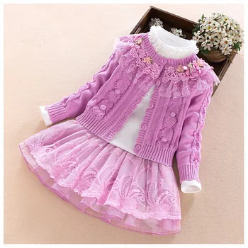 Осенне-зимние комплекты одежды принцессы для девочек, вязаный свитер с цветочным рисунком + базовые футболки + Юбки, 3 шт.