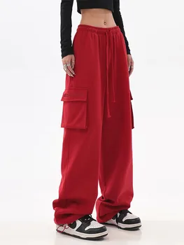 Осенние женские Винтажные красные брюки-карго С Высокой Талией, Широкие джинсы, Мешковатая Повседневная мода, Множество карманов, Уличный стиль Хип-хопа для мам
