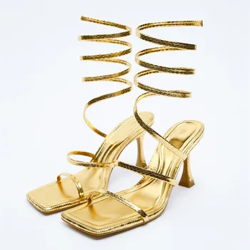 Осенние новые женские туфли на высоком каблуке 2023, модные босоножки с золотым спиральным ремешком, черные повседневные туфли-лодочки на шпильке с квадратной головкой