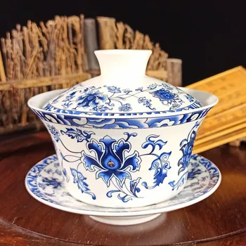 Очень большая Керамическая Чаша С голубой и Белой крышкой Sancai Tea Bowl Single Non-hot Teacup Цзиндэчжэнь Из Высокого Белого Фарфора Gaiwan