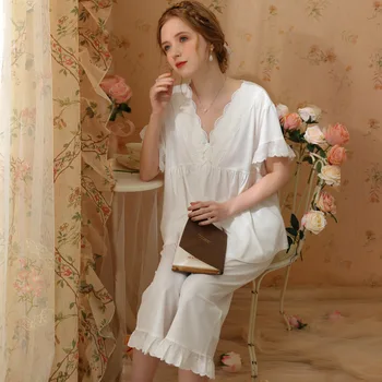 Пижама Женская Летняя, Укороченные брюки с коротким рукавом, комплект домашней одежды, высококачественная однотонная милая француженка