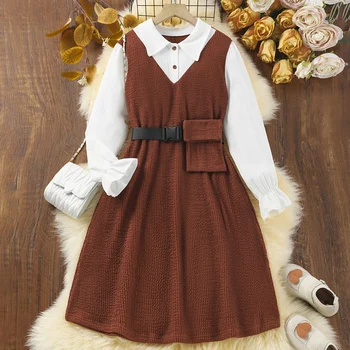 Платье для девочек, популярное во внешней торговле весной и осенью, искусственное платье принцессы из двух частей с блокировкой цвета, для девочек 8-12 лет