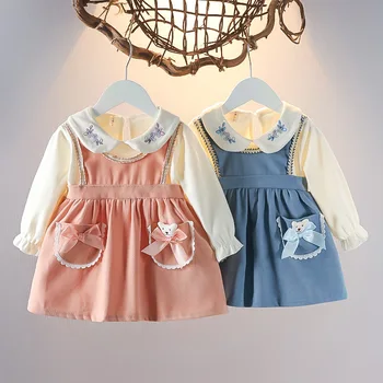 Платье для маленьких девочек, Весенние наряды для маленьких девочек, платье с длинным рукавом, дизайн 2в1, Одежда для малышей, Хлопчатобумажные платья от 6 М до 4 Т