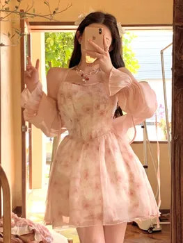 Платье для похудения в корейском стиле, розовое шифоновое платье на бретельках, Шифоновое платье с принтом, женское ретро Милое корсетное платье на бретельках
