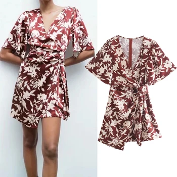 Платье с запахом в цветочек Za, женские короткие платья с винтажным узлом, женское летнее 2021 Модное повседневное элегантное мини-платье с коротким рукавом