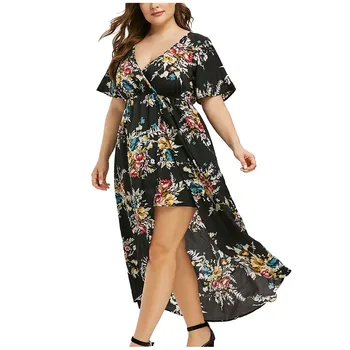 Платья с цветочным рисунком больших размеров для женщин 2023, летнее платье Макси для пляжной вечеринки в стиле Бохо с V-образным вырезом, Элегантное асимметричное платье трапециевидной формы, Vestidos