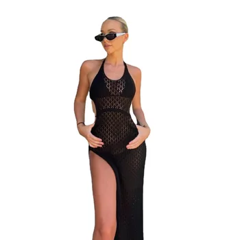 Пляжное платье с раздельным дизайном 2023, Однотонное Трикотажное платье на бретельках, Летнее Сексуальное платье Макси для вечеринки знаменитостей, Vestidos