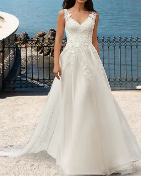 Пляжное свадебное платье невесты 2023 Трапециевидной формы Без рукавов С V-образным вырезом, кружевное с аппликациями, Свадебное платье на заказ Vestidos De Noiva