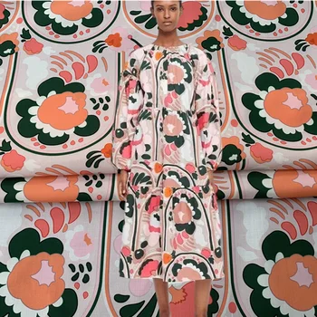 Полиэфирная Стрейч-Атласная Ткань На Заказ Оранжево-Розовый Цветочный Узор Цифровая Печатная Ткань Ручной Работы DIY Dress Shirt Модная Ткань