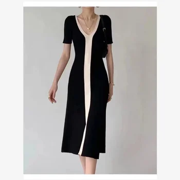 Приталенное контрастное трикотажное платье с разрезом в стиле ретро с V-образным вырезом, женская летняя юбка нового стиля, женская детская юбка