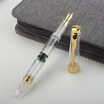 Прозрачная металлическая авторучка для каллиграфии поршневого типа, Перьевая ручка с золотым наконечником EF, Школьные канцелярские принадлежности