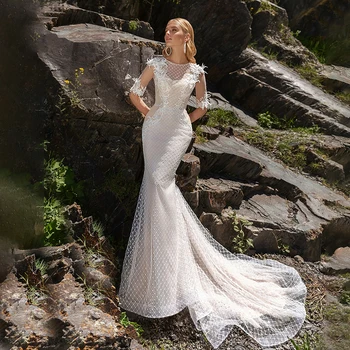 Простые свадебные платья русалки с круглым вырезом и короткими рукавами, кружевные аппликации длиной до пола, свадебные платья Vestidos De Novia