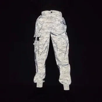 Прямая поставка мужские камуфляжные светоотражающие брюки-карго в стиле панк-хип-хоп, джоггеры для бега трусцой, женские дышащие брюки с сеткой в стиле пэчворк на боковой молнии