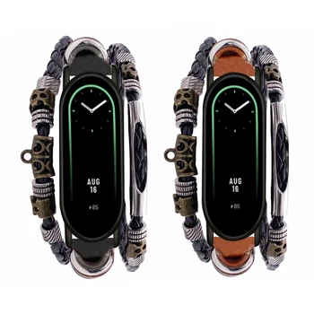Ремешок для смарт-часов Mi Band 8, винтажный спортивный браслет для смарт-часов, кожаный Ремешок для часов с бисером, Сменные Аксессуары