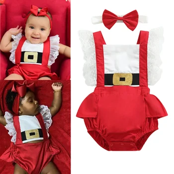 Рождественский комбинезон для новорожденных девочек, Хлопковый комбинезон с рюшами, кружевной комбинезон без рукавов и спинки, одежда для малышей из 2 предметов, наряды