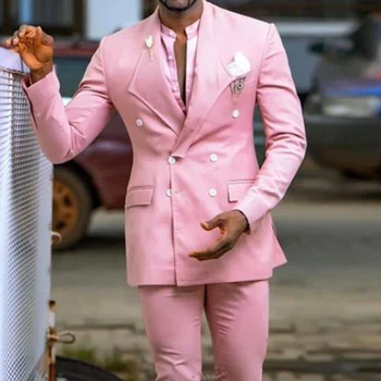 Розовые приталенные мужские костюмы для выпускного вечера с двойной застежкой, 2 предмета, изготовленный на заказ смокинг жениха с отворотом, модный костюм африканского мужчины, черные брюки