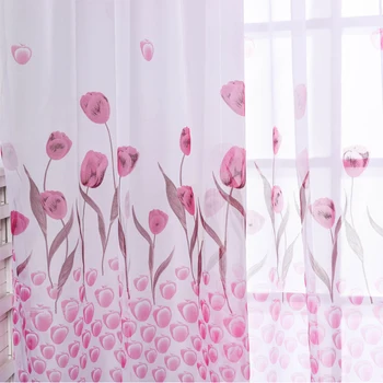 Розовые прозрачные шторы с цветочным принтом для кухни, гостиной, спальни, занавески для обработки окон из прозрачной вуали, домашний декор