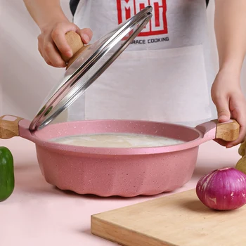 Розовый Кухонный медицинский камень Антипригарная кастрюля для приготовления пищи, глубокая сковорода, бытовая специального назначения для индукционной плиты, кастрюля для супа, горячая кастрюля