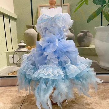 Роскошная одежда для собак ручной работы, зоотовары, Кружевная юбка из 3D-перьев, Нежно-голубой цветок, Милые Пышные рукава, Великолепное платье принцессы Cat