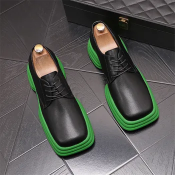 Роскошные дизайнерские мужские винтажные кожаные туфли с квадратным носком на расширенной подошве, лоферы для вечернего платья в британском стиле, Черная мужская обувь на шнуровке