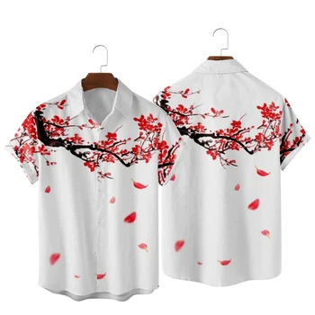 рубашка с принтом цветов сливы и опавших листьев 2022 года, модная повседневная пляжная рубашка в китайском ретро-стиле, мужская осенне-летняя рубашка