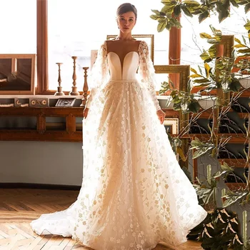 Свадебное платье принцессы трапециевидной формы, сексуальное свадебное платье с длинными пышными рукавами и иллюзией спины, многоуровневые оборки, тюлевое платье Vestidos De Novia