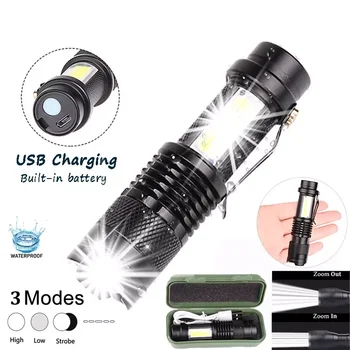 Светодиодный мини-фонарик из алюминиевого сплава с сильным светом, встроенный литиевый аккумулятор, зарядка через USB, наружное освещение, фонарик с зумом