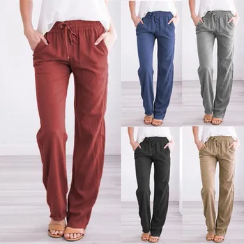 Свободные брюки из хлопка и льна с завязками, женские широкие брюки с высокой талией, Женские Корейские прямые брюки с сплошным карманом