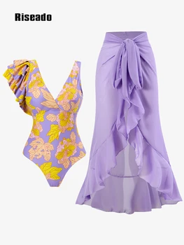 Сексуальный купальник Riseado с V-образным вырезом, цельный купальник с рюшами и юбкой, цветочный принт, купальный костюм для женщин, пляжная одежда, лето