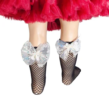 Сетчатые носки для девочек с милым бантом, расшитым блестками, Мягкие эластичные легкие длинные носки для вечеринки