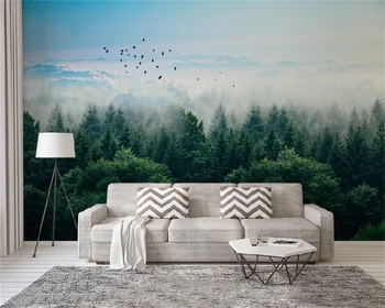 Скандинавский минимализм, туманный лес, далекие горы и птицы, фон для дивана в спальне, домашний декор, настенная роспись, обои для стен