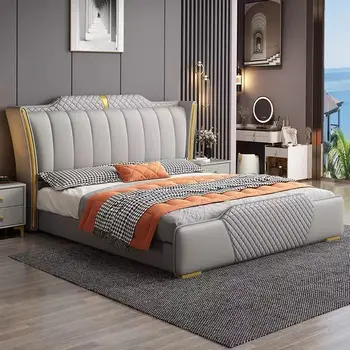 Современная минималистичная кровать из мягкой кожи, двуспальная кровать в главной спальне 1,8 м, кровать для хранения во второй спальне 1,5 м, бытовая кожа