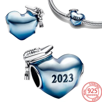 Счастливый Выпускной подарок, Синий 2023, Выпускное Сердце, Шарм, подходит для браслета Pandora, Студенческих драгоценных украшений, бусин из стерлингового серебра 925 пробы