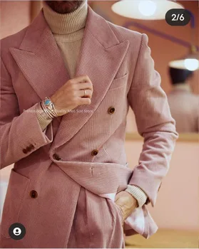 Сшитое на заказ розовое вельветовое двубортное мужское толстое пальто для свадебной вечеринки, блейзер, брюки, социальный костюм, 2 предмета, куртка, брюки, наряд