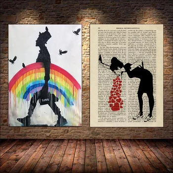 Уличное граффити в стиле Бэнкси Радужный Человек дождя Птицы Влюбленная девушка Картина на холсте Современное настенное искусство Картина для гостиной Домашний декор