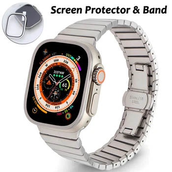 Ультразащитный экран и ремешок титанового цвета для Apple Watch 49 мм Аксессуары из закаленного стекла высокой четкости, крышка из алюминиевого сплава + стальной ремешок