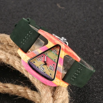 Уникальные треугольные женские деревянные часы, креативные красочные женские зеленые / красные наручные часы из натуральной кожи, Элегантные женские часы, лучшие подарки